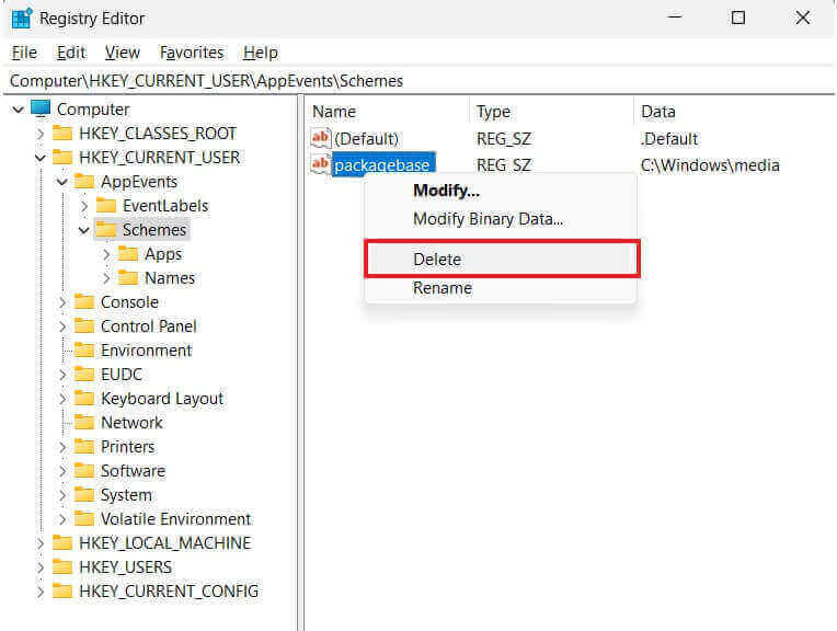registry editor delete key