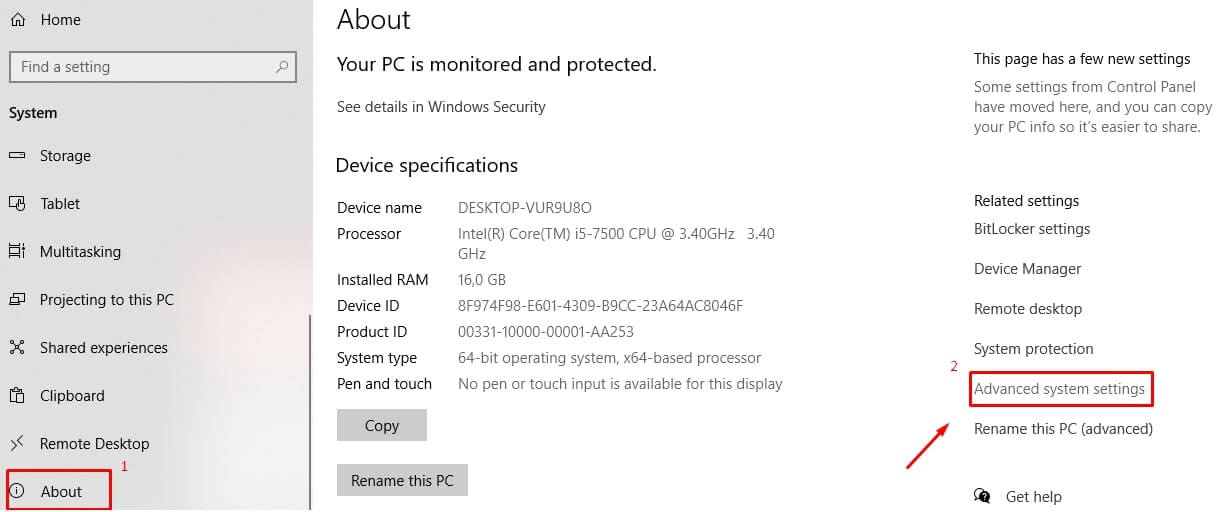 Advanced system settings link