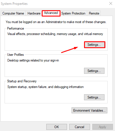 system properties screen