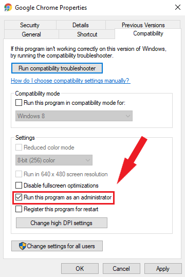 run this program as administrator checkbox