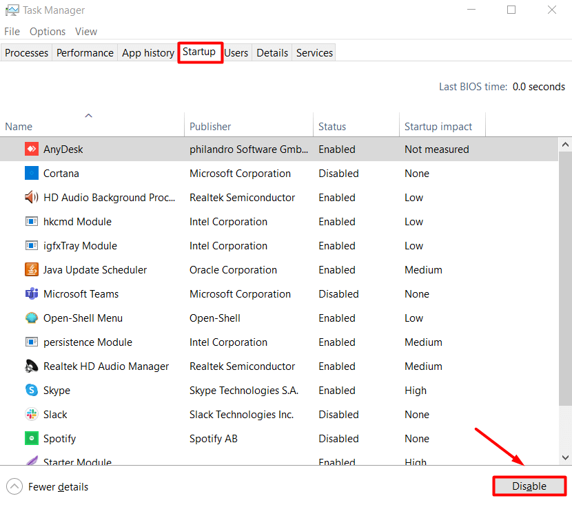 Startup tab inside Task Manager