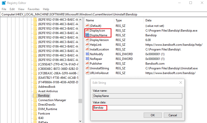 Editing the DisplayName registry value