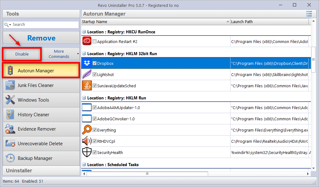 Disabling a startup entry in Autorun Manager